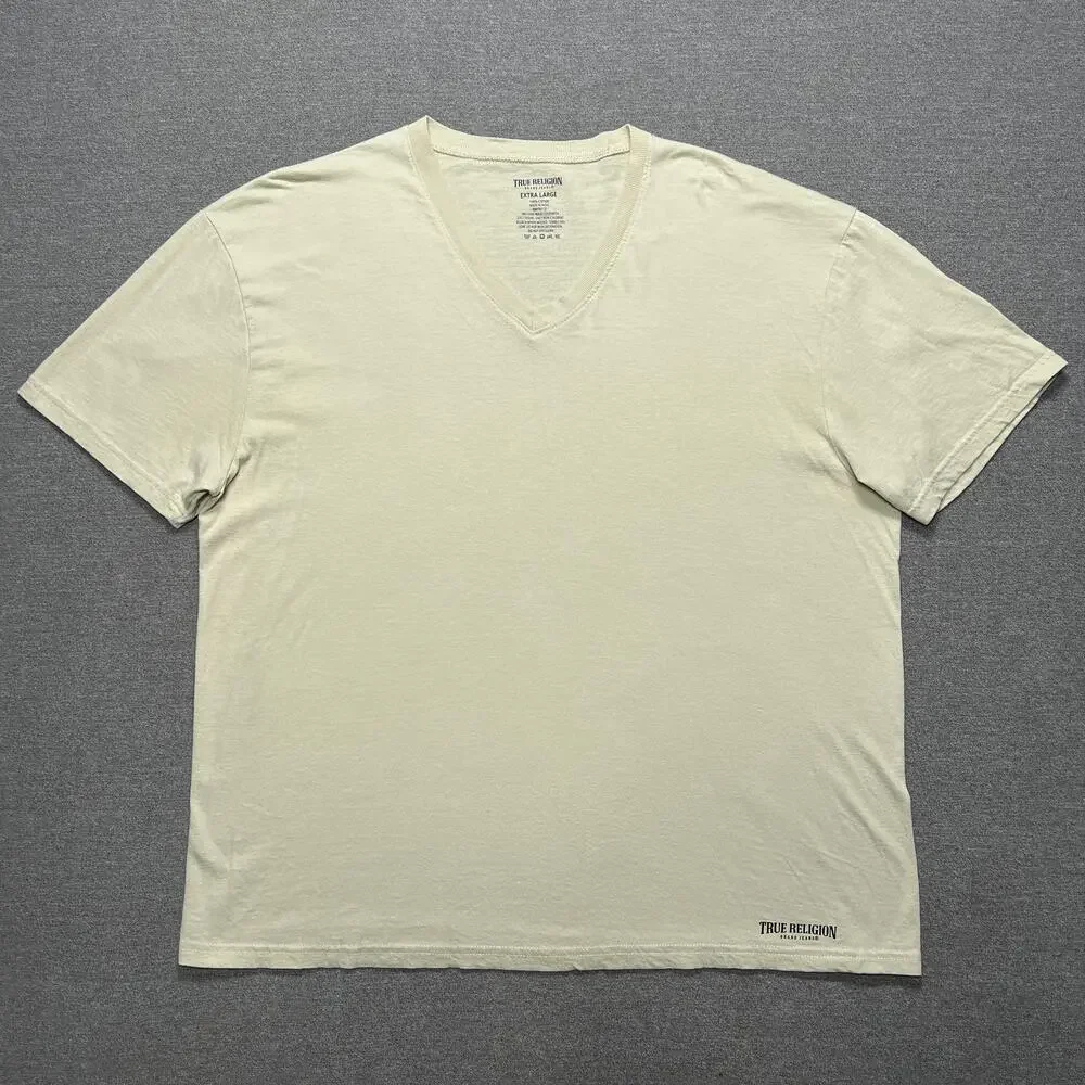 True Religion Brand Jeans Shirt Mens Extra Large Beige V-Neck Short Sleeve Logo